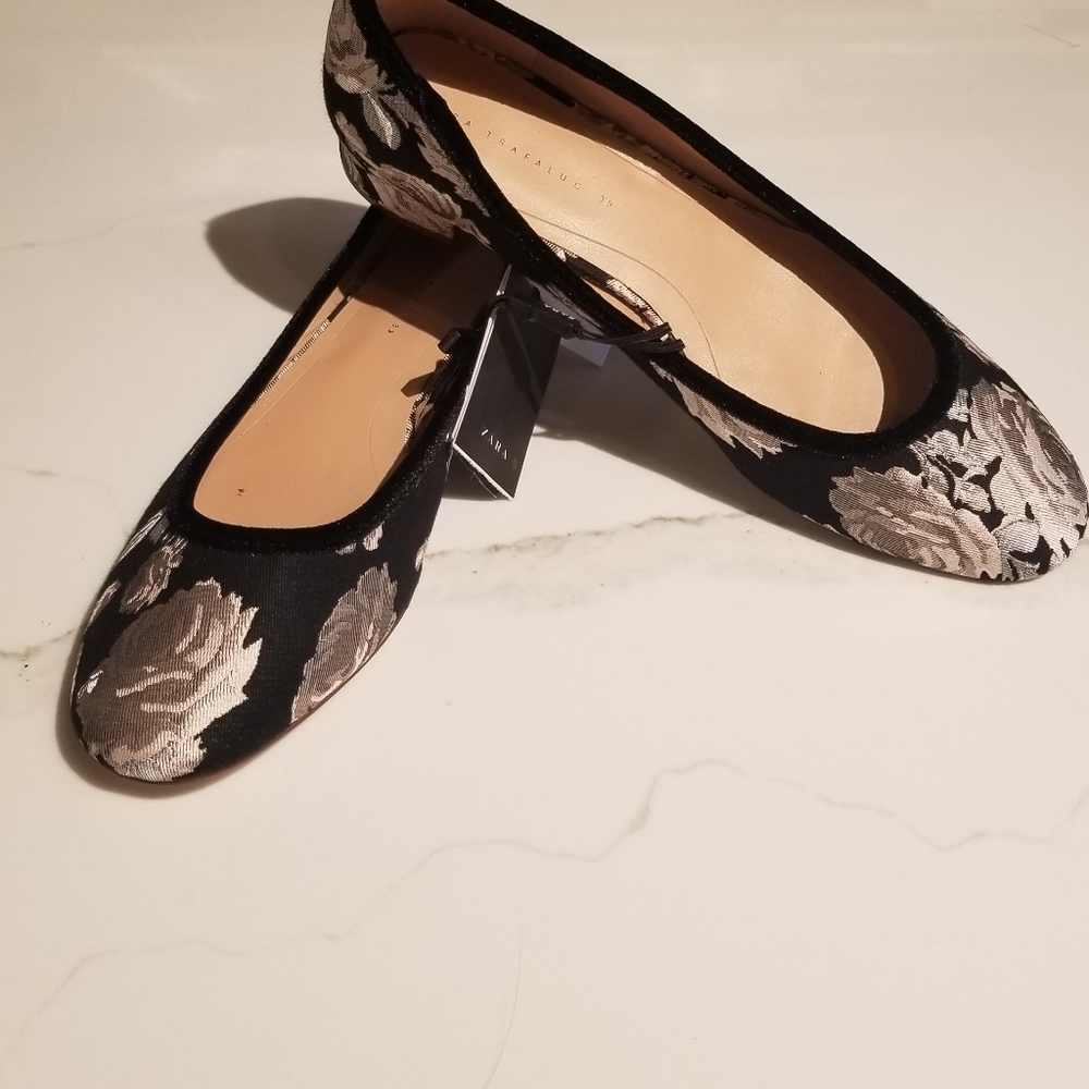 Zara floral kitten heel shoes.